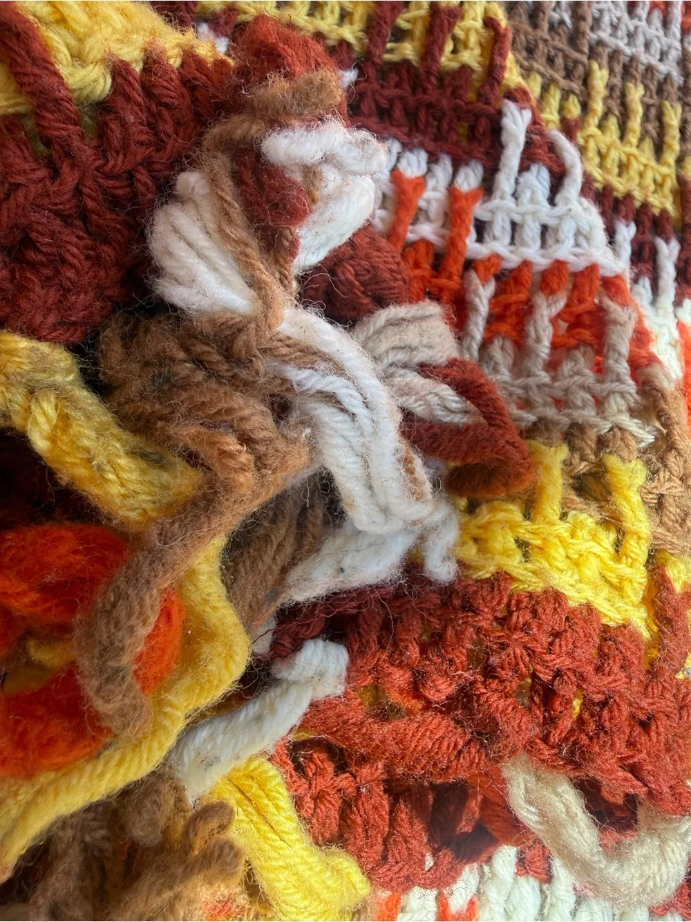 Vintage afghan Handwoven Multicolor Knit blanket - Brown/Red/Yellow/White 54x72